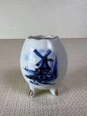 Crown West Porcelain Mini Vase Blue White Windmill Gold Trim Made in Japan
